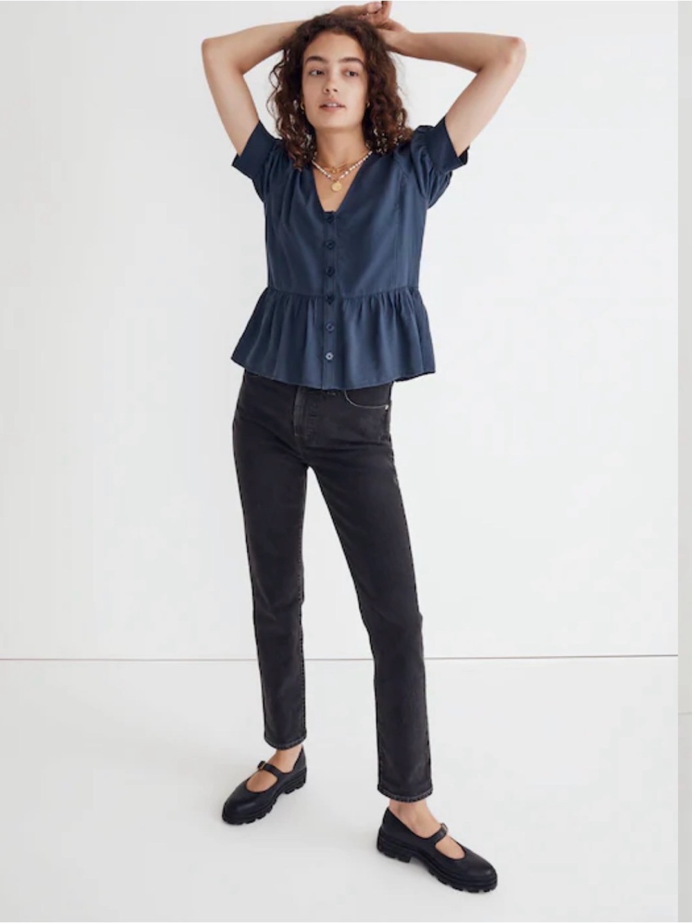 Madewell Navy Button-Front Puff Sleeve Peplum Top